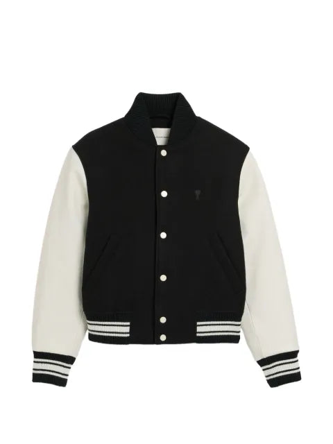 AMI Paris black wool and leather padded teddy jacket with Ami Paris embroidery