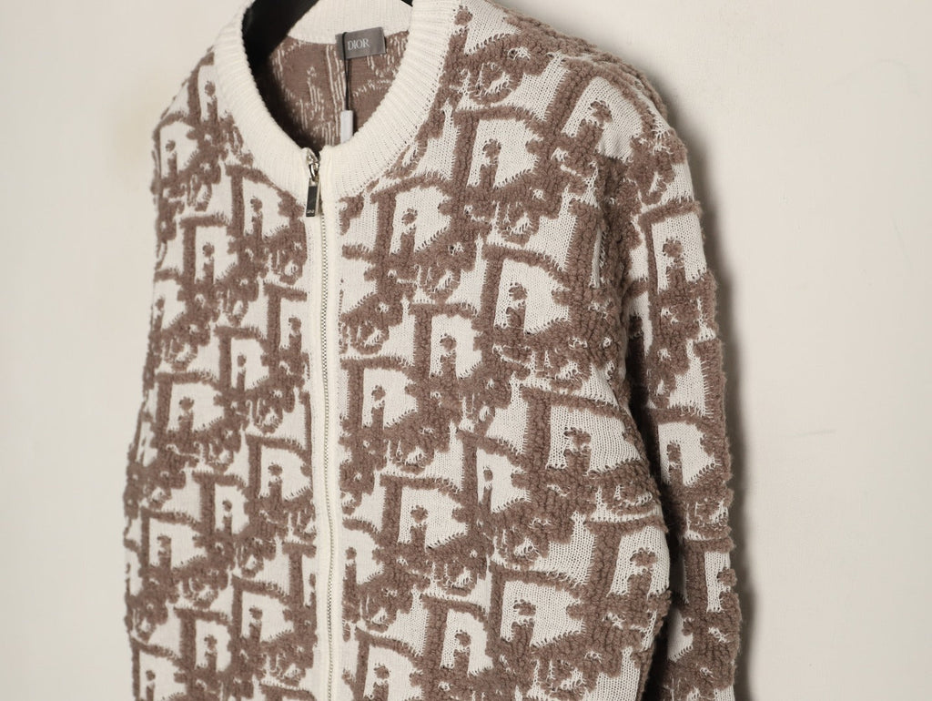 Dior CD Oblique Pattern Zip-Front Knit Cardigan - Beige